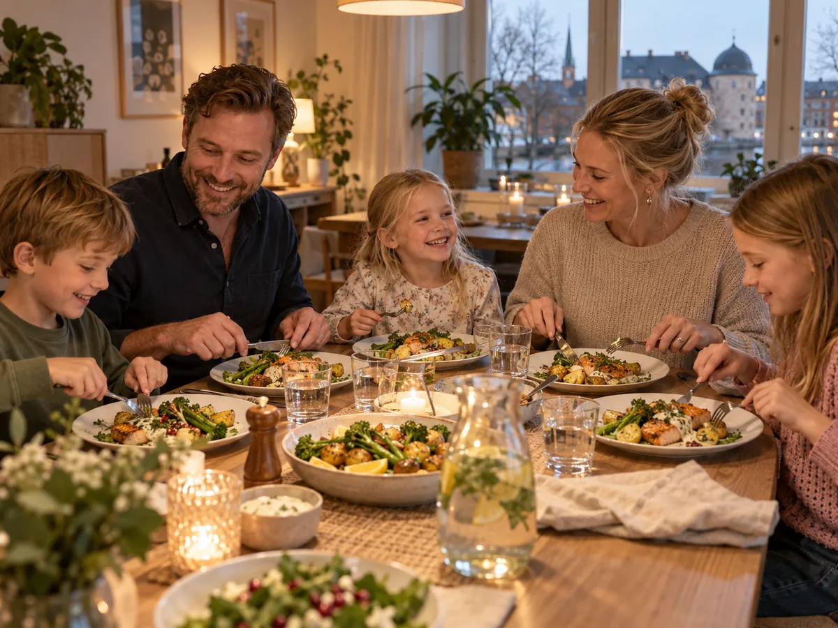 En familj med tre barn äter middag tillsammans vid köksbordet