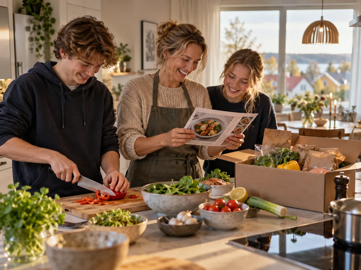 En mamma läser receptkortet medan tonåringarna lagar mat ur matkassen