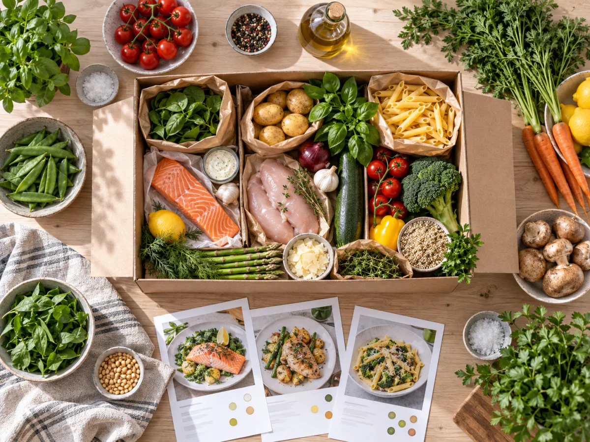 Råvaror och receptkort från en matkasse på ett köksbord