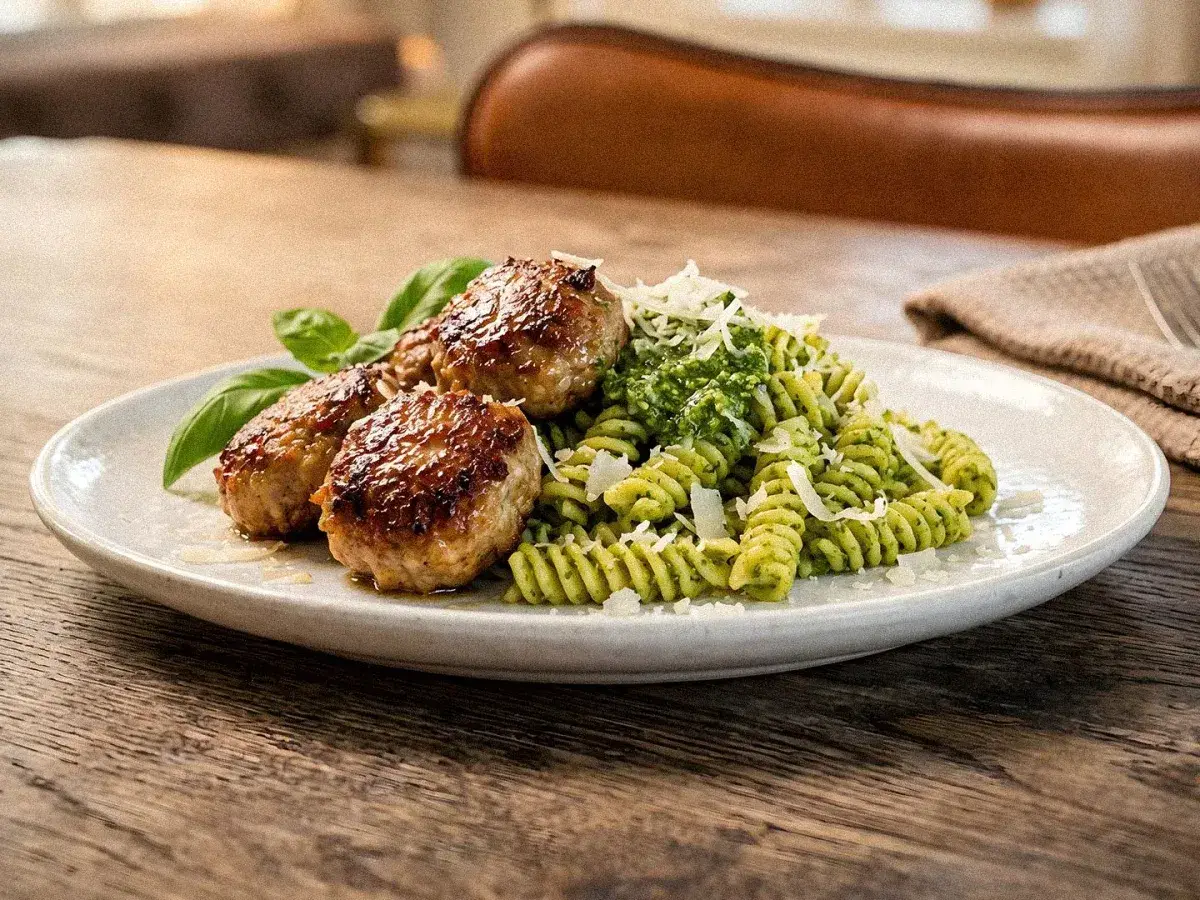 Stekta färsbiffar med pestopasta, riven parmesan och basilika på en tallrik